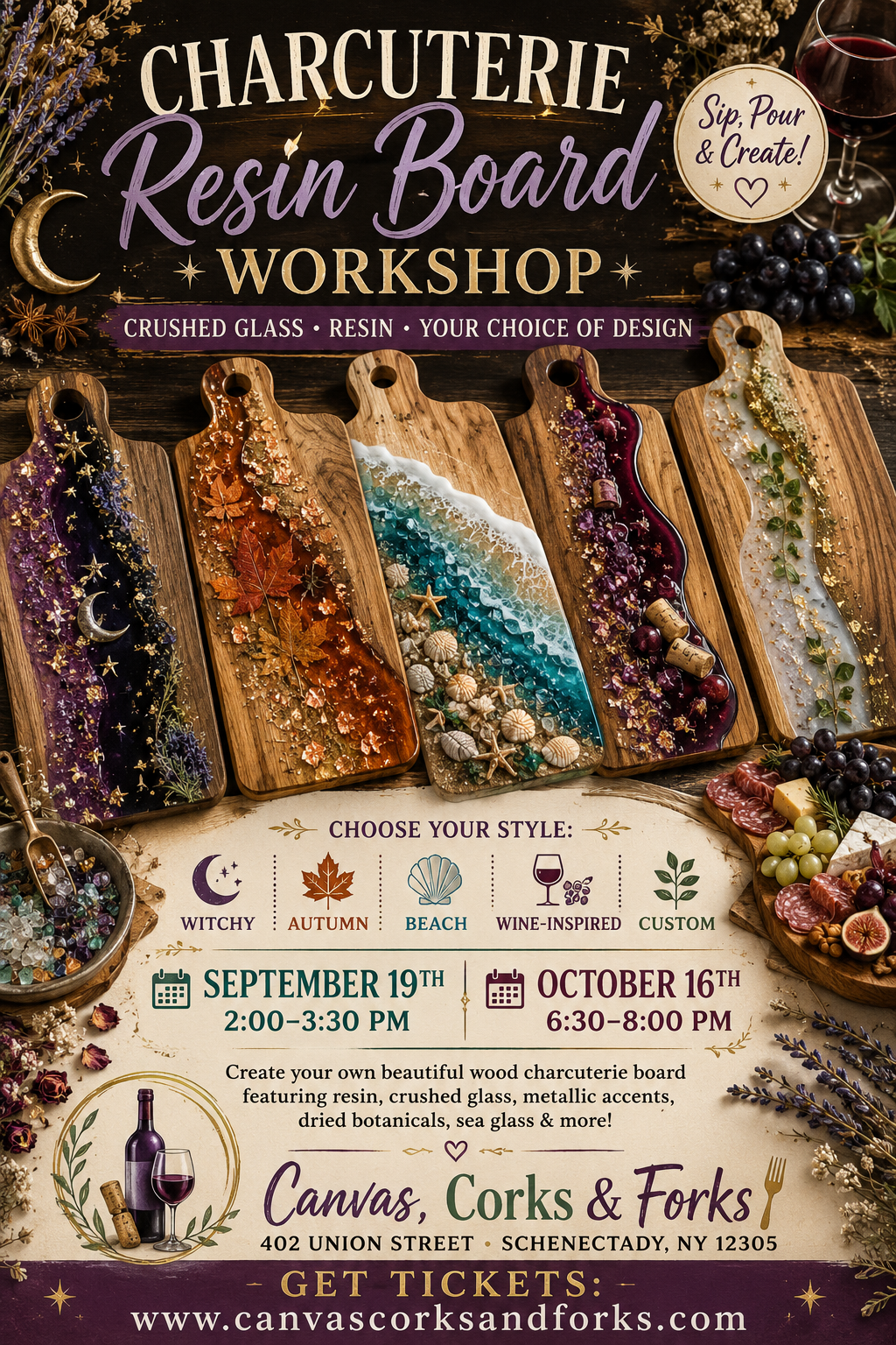 Poster advertising a Charcuterie Resin Board Workshop with six decorative resin boards on a wooden table, plus wine and grapes in the scene.
