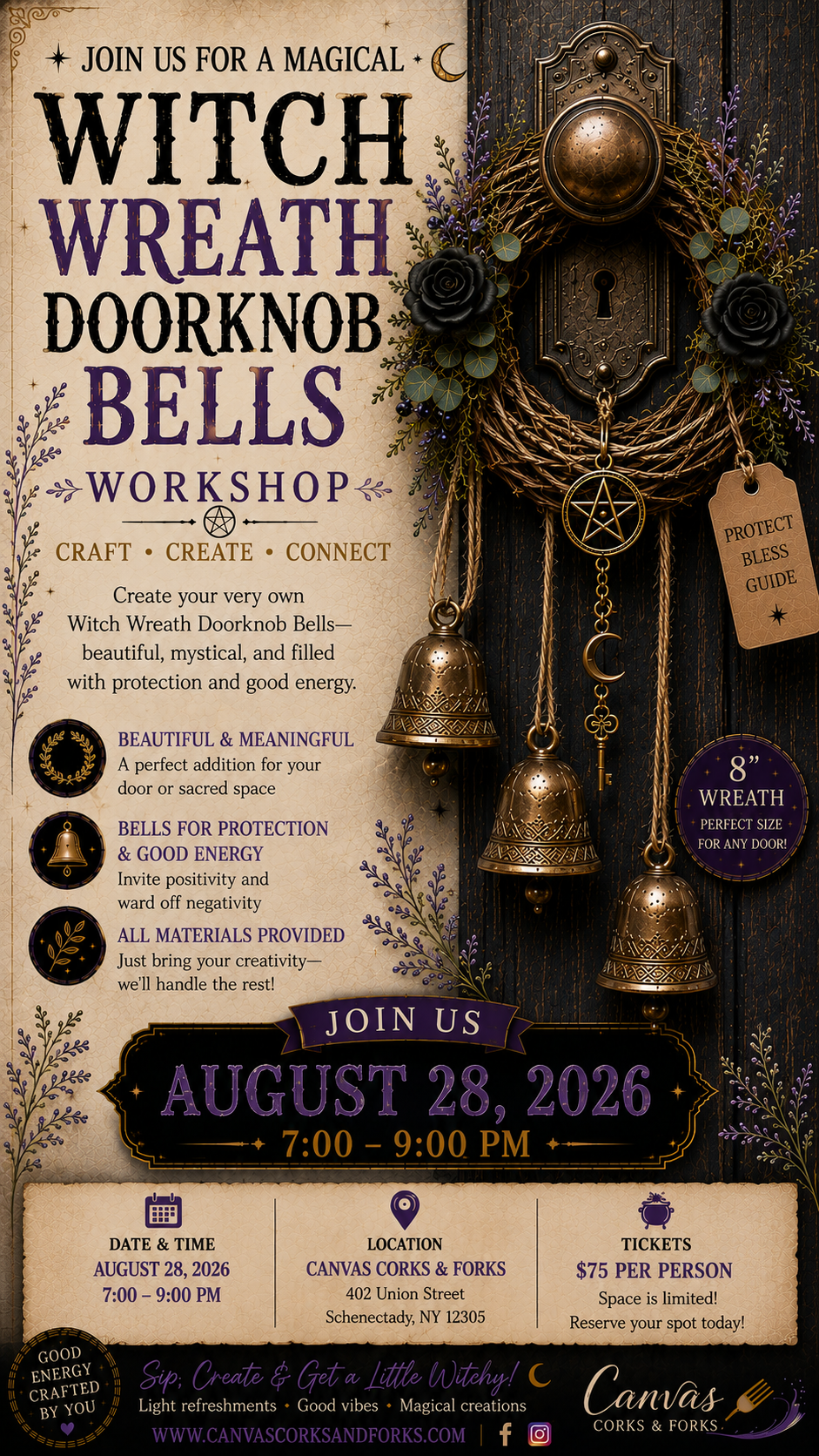 ChatGPT Image Aug 27 2026 04_06_08 PM - Canvas, Corks & Forks Event poster for 'Witch Wreath Doorknob Bells' workshop featuring a decorative wreath with brass bells; includes date, time, and location Canvas Corks & Forks (Aug 28, 2026, 7:00–9:00 PM).