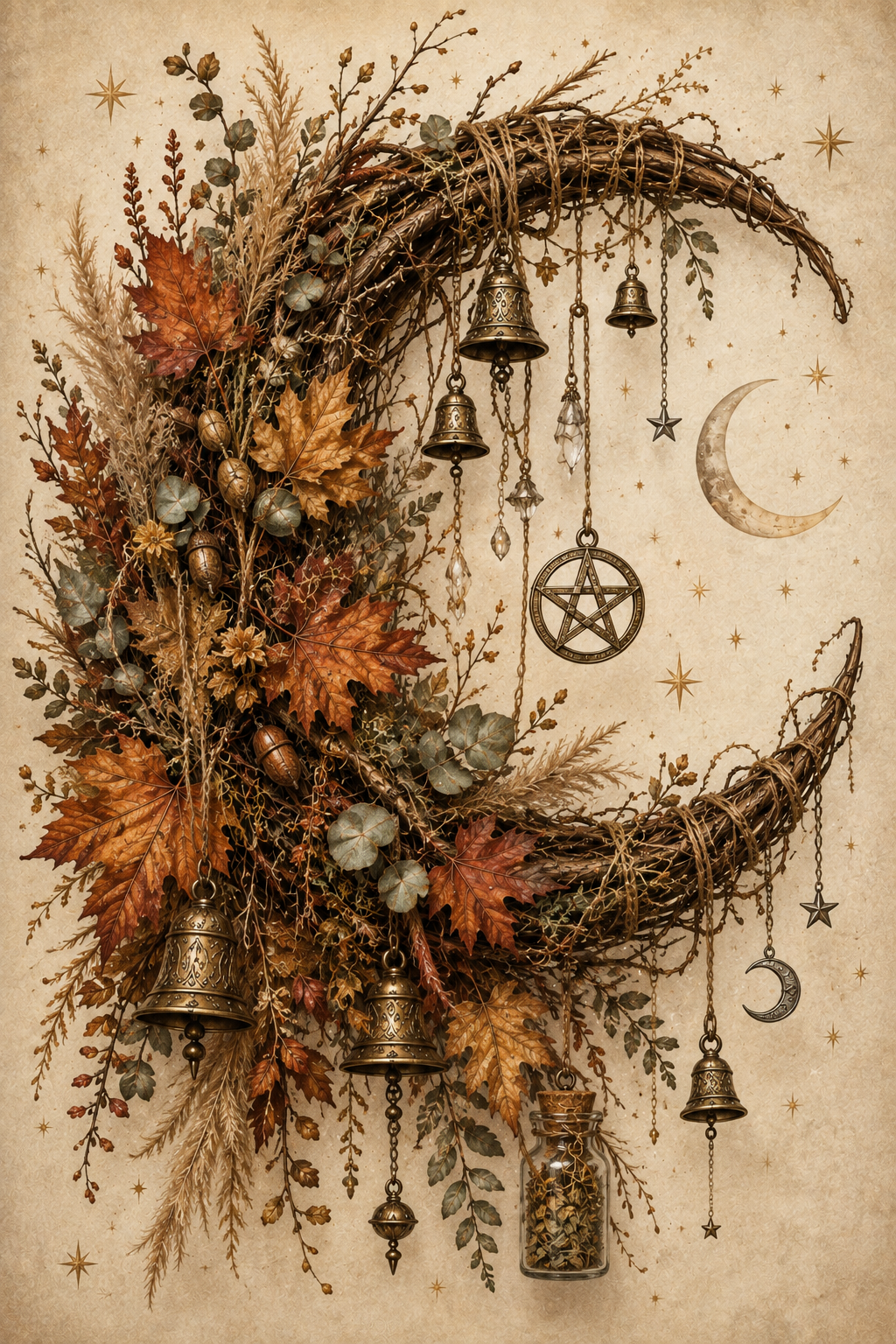 Decorative autumn wreath with bronze bells, dried leaves, and hanging charms including a pentagram and crescent moon on a parchment background.