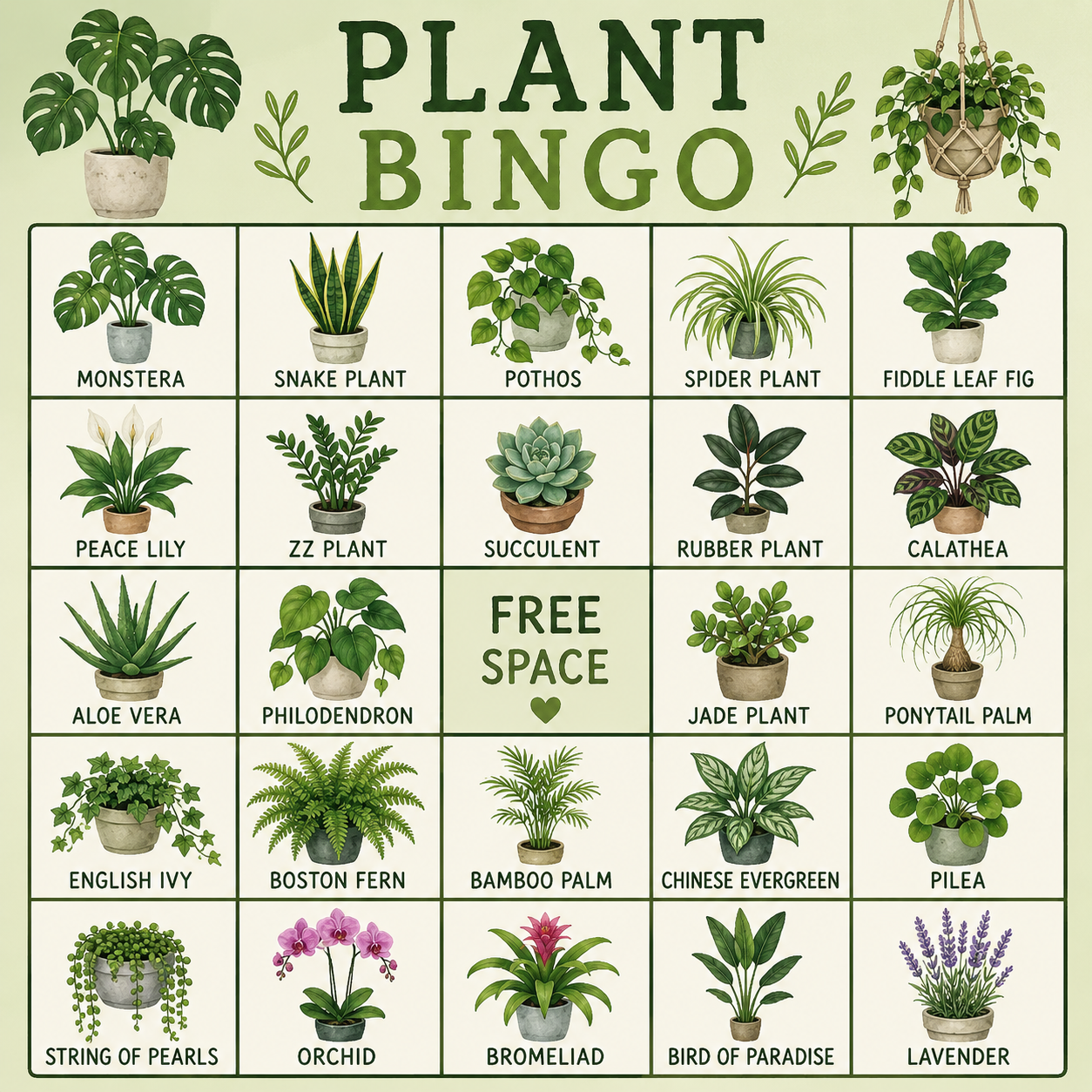 A plant-themed bingo card with 25 squares showing different potted plants and a central 'FREE SPACE' square.
