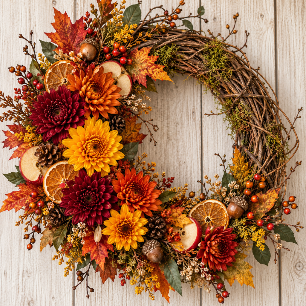 ChatGPT Image Sep 15 2026 12_22_30 PM - Canvas, Corks & Forks Autumn wreath decorated with orange, yellow, and red chrysanthemums, dried citrus slices, berries, leaves, and pinecones on a wooden backdrop.