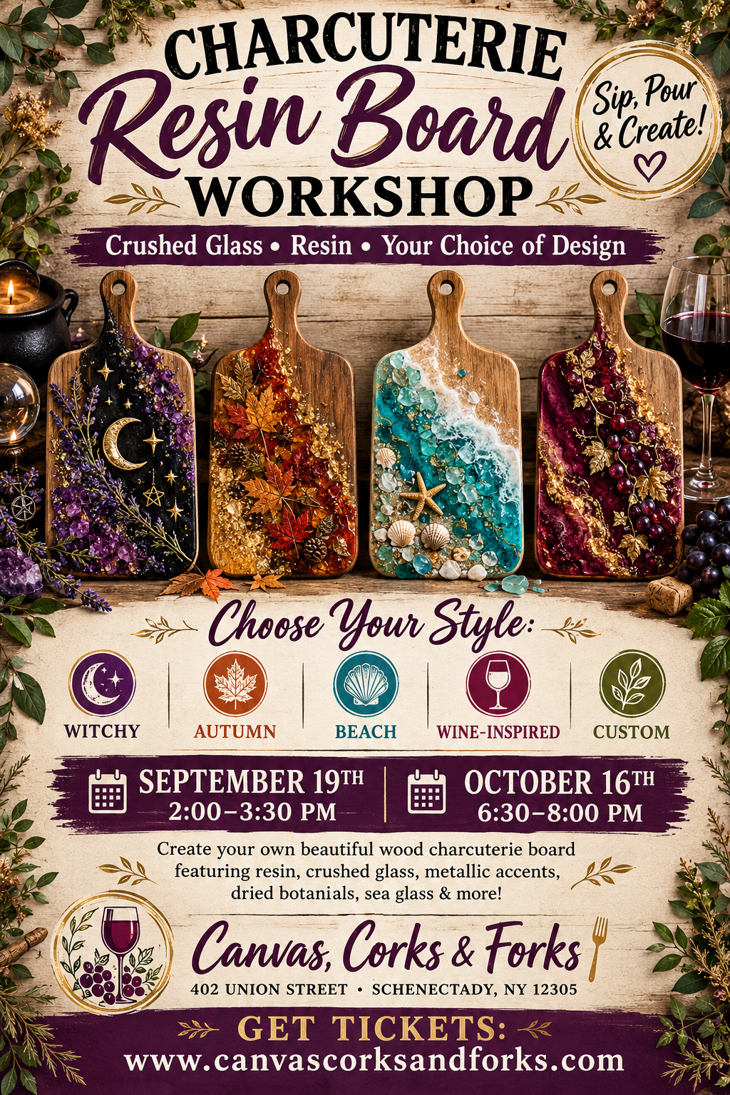 ChatGPT Image Sep 15 2026 12_31_55 PM - Canvas, Corks & Forks Poster for a Charcuterie Resin Board Workshop with four decorated wood boards filled with colorful resin art and leaves.