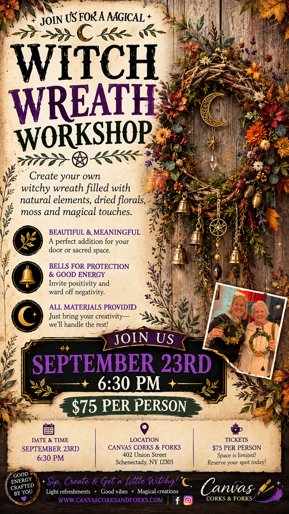 Poster for a Witch Wreath Workshop with autumn wreath; date Sept 23, 6:30 PM, $75 per person, at Canvas Corks & Forks; ornate, rustic design with fall leaves.