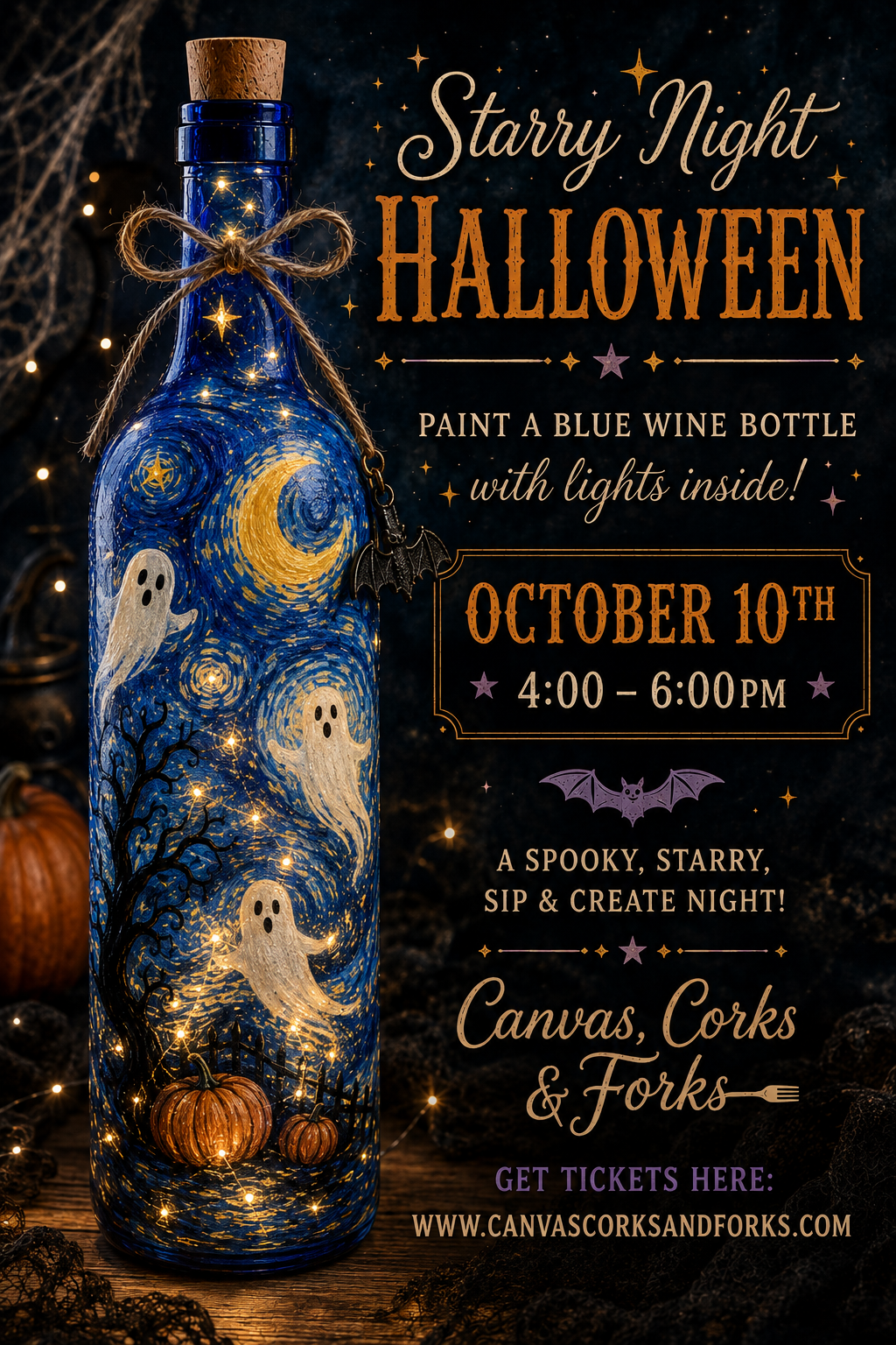 Blue glass wine bottle painted with starry night ghosts and pumpkins; Halloween event poster text beside it (Starry Night Halloween, Oct 10, 4–6pm)