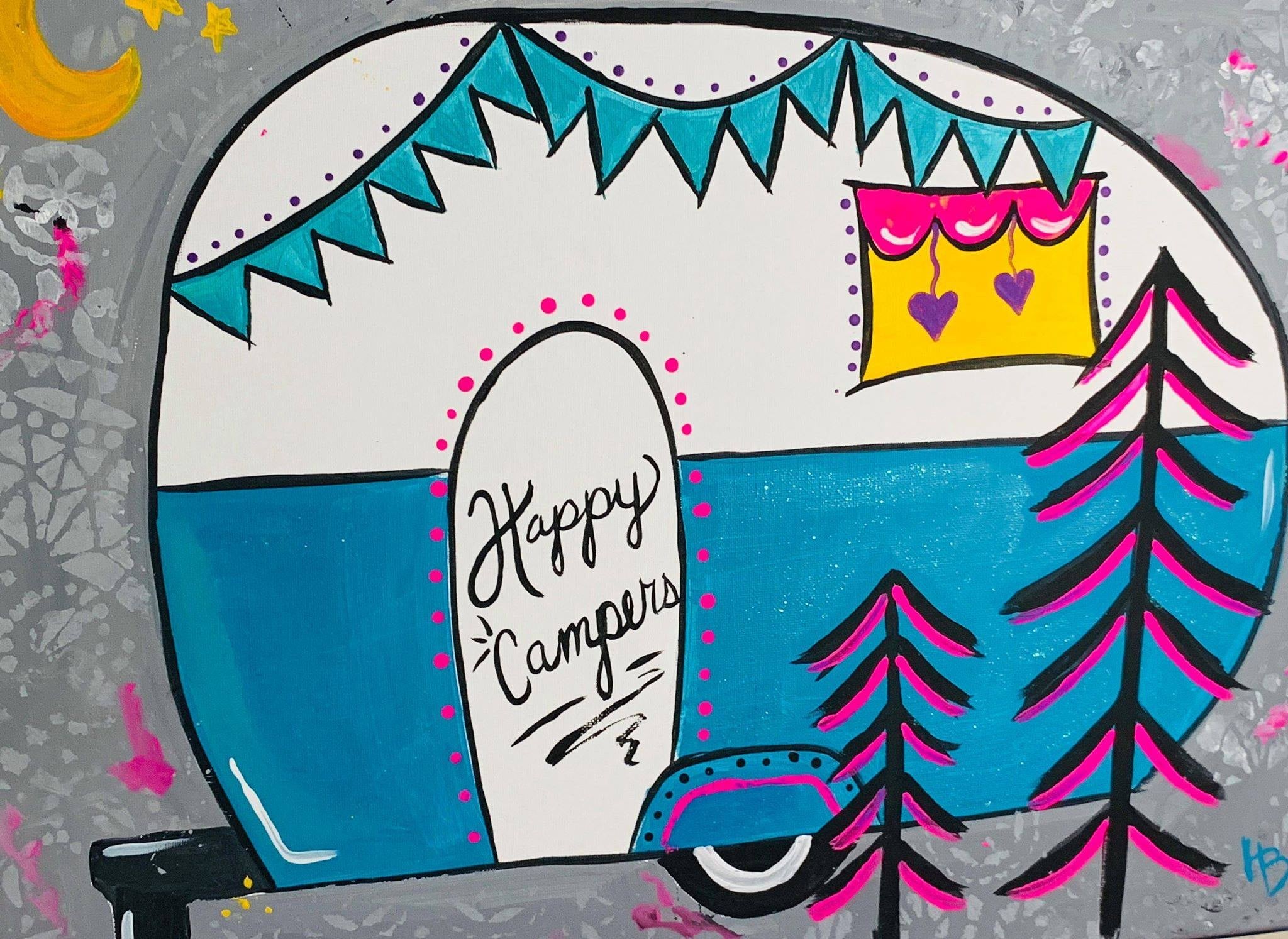 Whimsical mural of a stylized camper trailer with turquoise body, pink accents, purple dots, and a window with purple hearts.