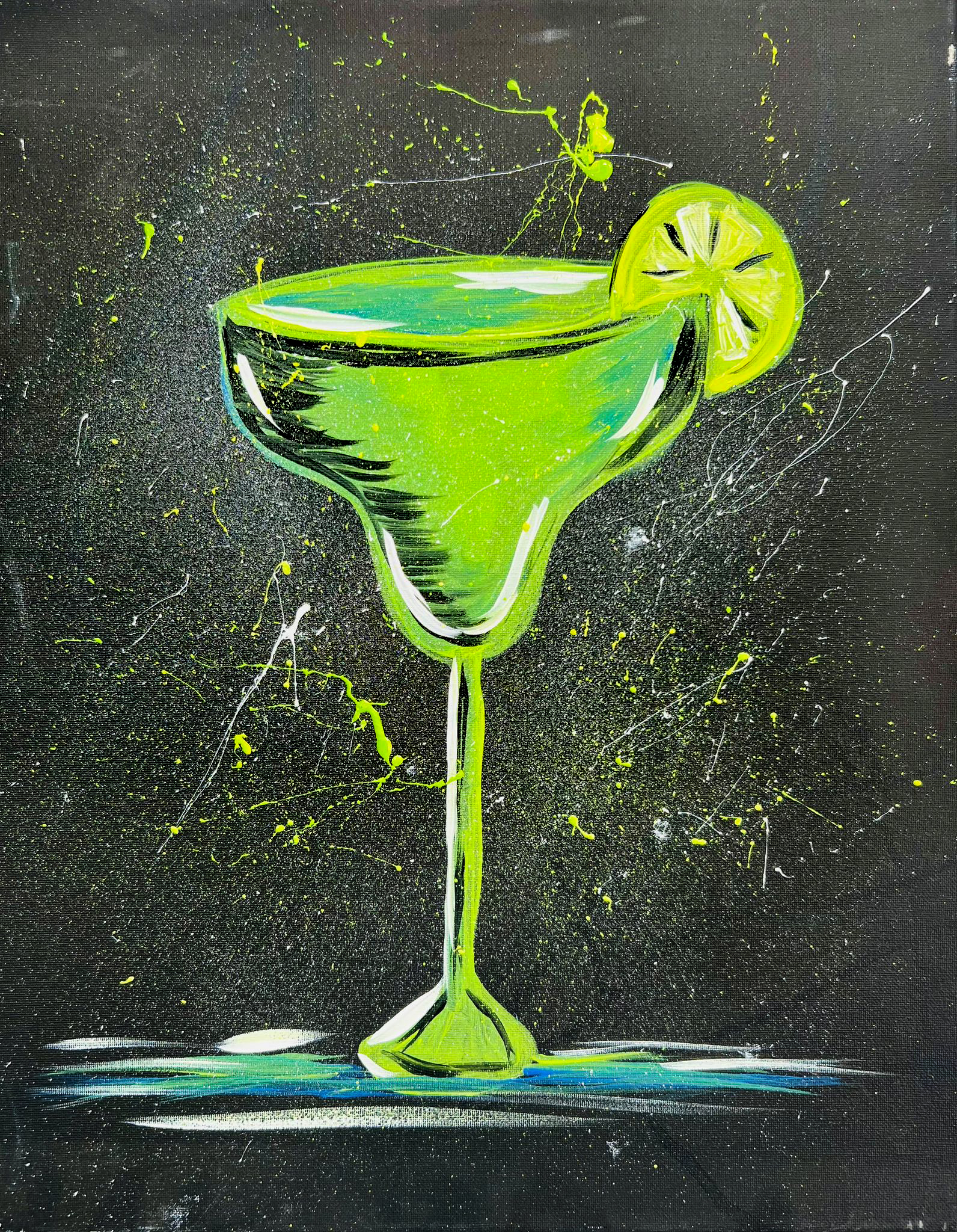 MARGARITA Bonus - Canvas, Corks & Forks Bright green cocktail glass with lime wedge on a dark splattered background.