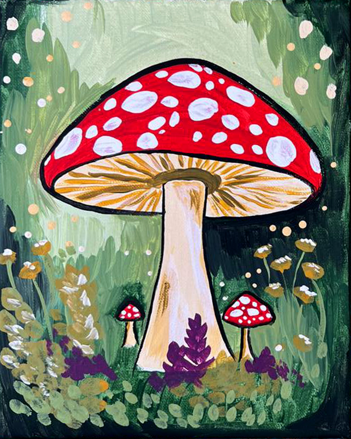 Whimsical painting of a large red-capped mushroom with white spots in a green forest, with smaller mushrooms nearby.