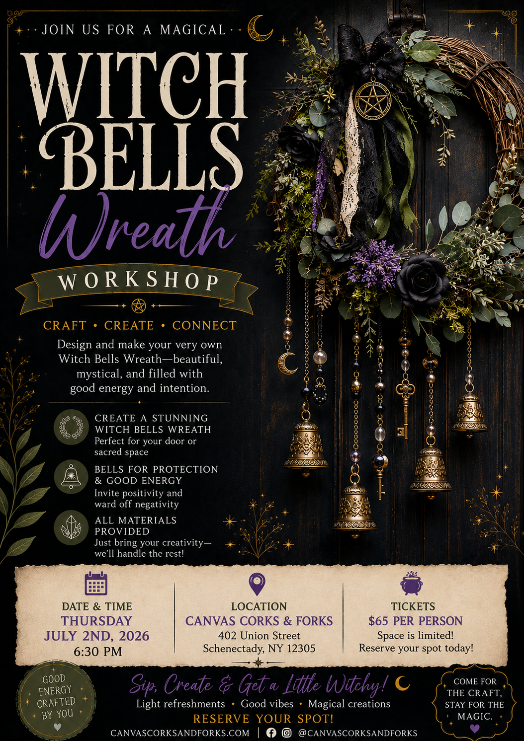 Witch bells wreath - Canvas, Corks & Forks Poster advertising a Witch Bells Wreath Workshop with a dark background, hanging wreath with bells, and gold script text.