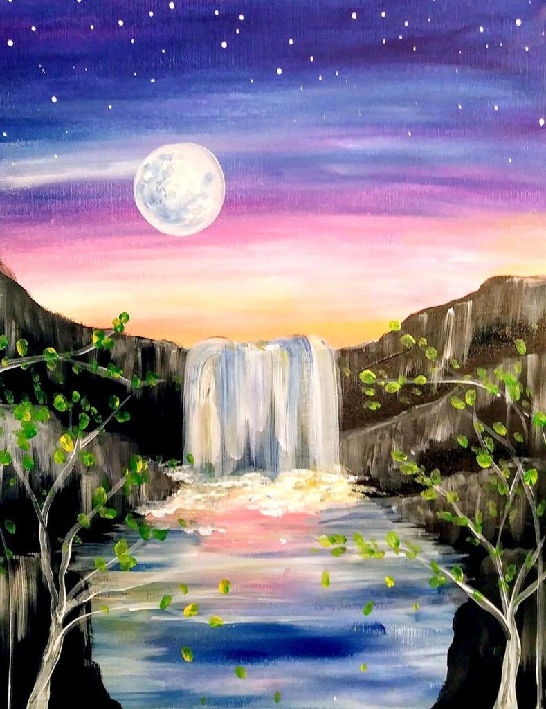 paint-sip-moonlight-waterfall-painting - Canvas, Corks & Forks