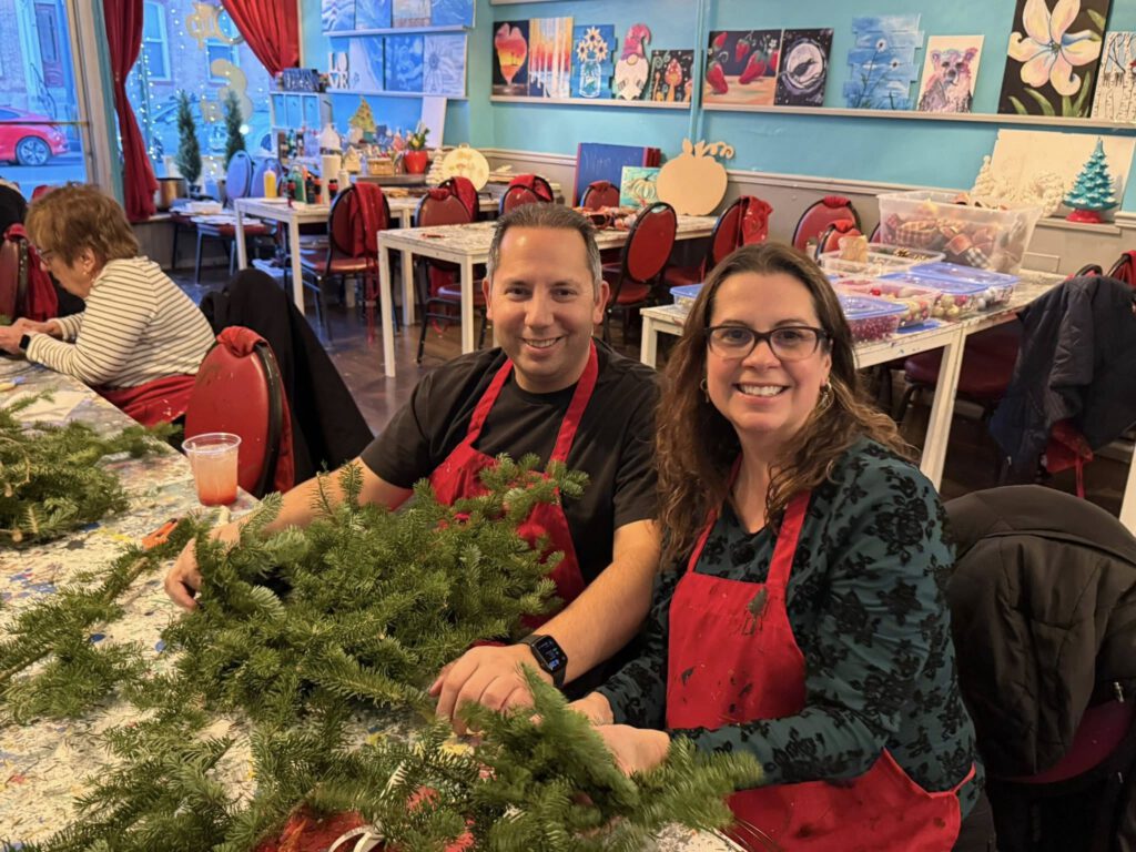 xmas wreath making couple2 - Canvas, Corks & Forks
